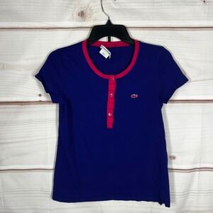 Lacoste Henley T-Shirt Womens 36 Small Blue Solid Short Sleeve Top Cotton Sporty